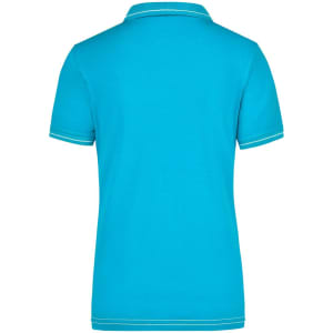 A turquoise ladies' polo shirt featuring a classic collar and short sleeves, with a logo on the back.