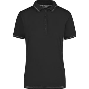 A black ladies' elastic polo shirt featuring a collared neckline and button placket, with contrasting trim details.