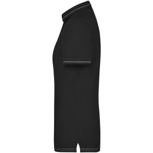 A black ladies' elastic polo shirt featuring a collar and contrasting trim, showcased from the side.