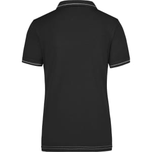 A black ladies polo shirt with short sleeves and a collar, featuring a logo on the back.