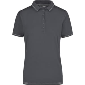 A grey ladies polo shirt with a collar, featuring short sleeves and a button placket, includes a logo.