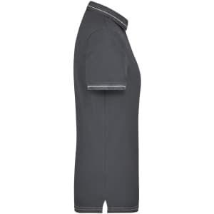 A grey ladies' elastic polo shirt with a classic collar and contrasting trim on the sleeves.