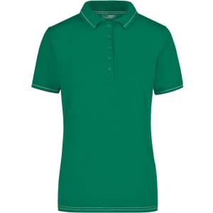 A green ladies' polo shirt with a collared neck and buttons, featuring contrasting trim on the sleeves and collar.