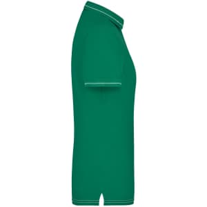 A green ladies' polo shirt with short sleeves and contrasting trim. The shirt has a logo on it.