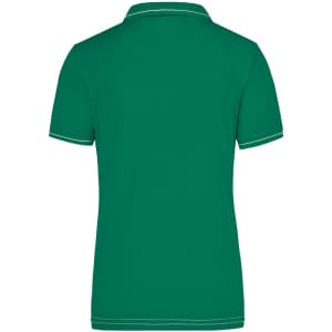 A green ladies' polo shirt featuring a collar and contrast trim, with a logo on the back.