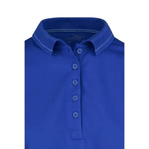 A blue ladies' elastic polo shirt featuring a classic collar and button placket, with a small logo on the design.
