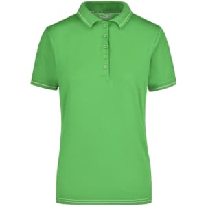 A green ladies' polo shirt with a collared neckline and buttons, featuring contrasting trim and a logo.