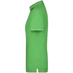 A green ladies' polo shirt with a classic collar, featuring short sleeves and a logo on the shirt.