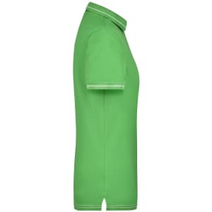 A green ladies' polo shirt featuring a collar and short sleeves, with contrasting trim. Includes a logo.