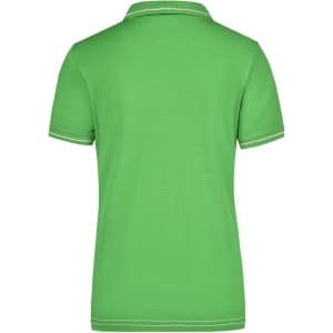 A green ladies' elastic polo shirt with a collared neckline and contrasting trim. It features a logo on the back.