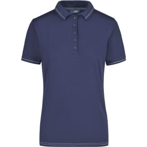 A navy blue ladies' elastic polo shirt with a collar and a button placket, featuring contrasting trim and a logo.