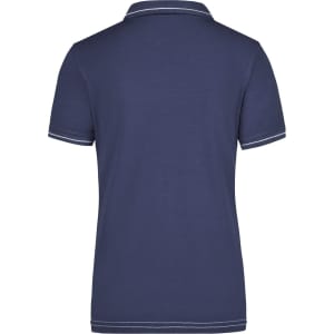 A navy blue ladies' polo shirt featuring a classic collar and a logo on the back.
