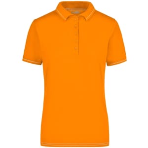 An orange ladies' polo shirt with a collar, featuring a logo and contrasting trim.