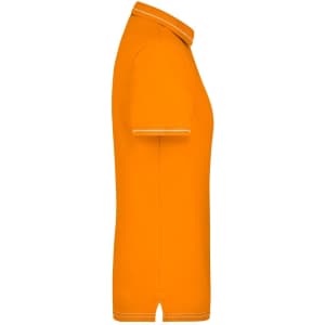 An orange ladies' polo shirt with a fitted design and contrasting collar. It features a logo on the chest area.