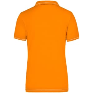 An orange ladies polo shirt featuring a collar and short sleeves, with contrasting trim details.