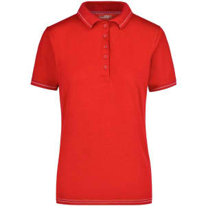 A red ladies polo shirt with a collar, featuring a button placket and contrasting trim. It has a logo on it.