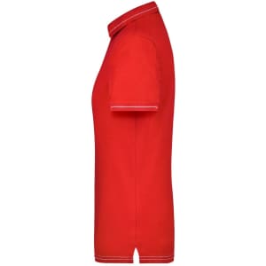 A red ladies' polo shirt with a collared neck and short sleeves. The shirt features a logo on the chest.