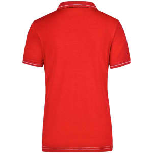A red ladies' polo shirt featuring a collar, short sleeves, and a logo. The shirt has contrasting trim details.