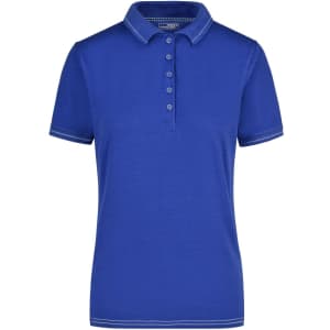 A blue ladies' elastic polo shirt featuring a collar and button placket, with contrast stitching and a logo.