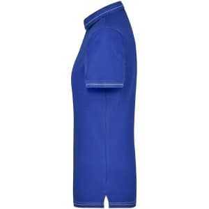 A blue ladies' elastic polo shirt with a classic collar and short sleeves, featuring a logo.