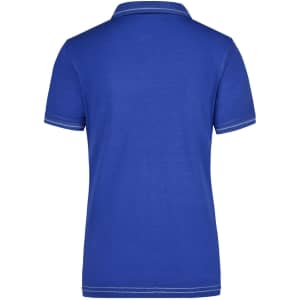 A blue ladies' elastic polo shirt featuring a collar and short sleeves, with a logo on the back.