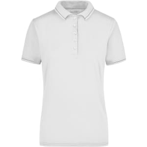 A light grey ladies' elastic polo shirt with a collar, short sleeves, and a button-up front featuring a logo.