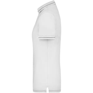 A ladies elastic polo shirt in white with contrasting trim. It features a collar and short sleeves, with a logo.
