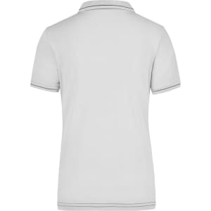 A light grey ladies' polo shirt with a classic collar and contrasting stripes, featuring a logo on the front.