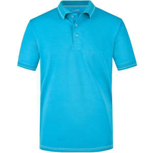 A light blue men's elastic polo shirt with a classic collar and three buttons, featuring contrasting stitching. It includes a logo.