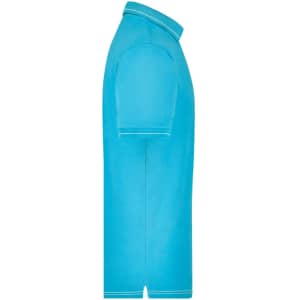 A turquoise polo shirt with short sleeves and a subtle logo, viewed from the side.