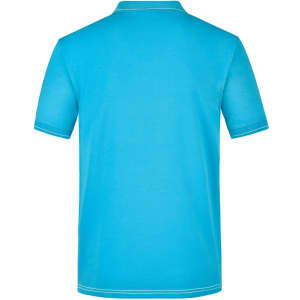 A men's elastic polo shirt in bright blue, featuring a simple design with a branding logo.