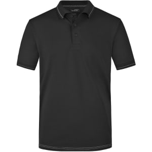 A black men's elastic polo shirt featuring a collar, short sleeves, and contrasting details. It has a logo on the chest.