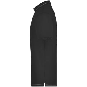 A black men's polo shirt featuring a collar and short sleeves, with contrasting stitching. It has a logo on the chest.