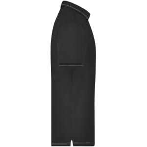 A black men's elastic polo shirt featuring a classic collar and short sleeves with contrasting stitching.