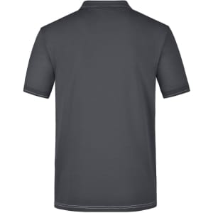 A grey men's elastic polo shirt featuring a collared design, with a logo present on the shirt.