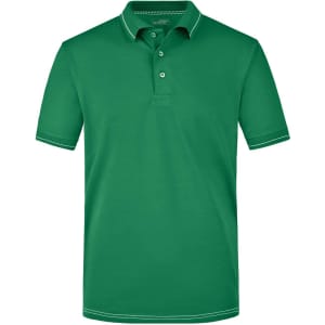 A green men's polo shirt featuring a classic collar and three buttons, with contrasting trim details.