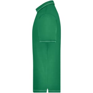 A green men's elastic polo shirt featuring short sleeves and a collar, with a logo on the chest.