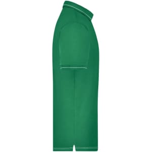 A green men's elastic polo shirt featuring a classic collar and short sleeves, with a logo on the chest.