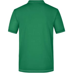 A green men's polo shirt featuring a classic collar and a logo on the back.