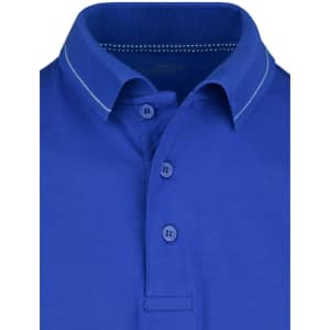 A blue men's elastic polo shirt featuring a collared neckline and three-button placket, with a logo on the chest.