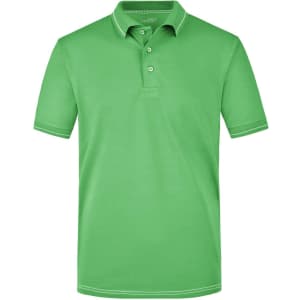 A green men's elastic polo shirt with a classic collar and three buttons, featuring contrasting stitching details.