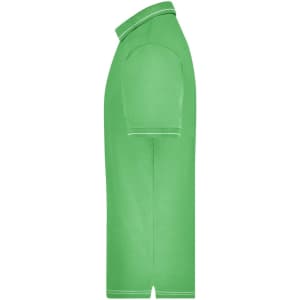 A green men's polo shirt with a side view, featuring a collar and short sleeves. It has a logo on the chest.