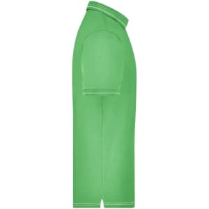 A green men's polo shirt featuring a collar and short sleeves, with a logo visible on the fabric.
