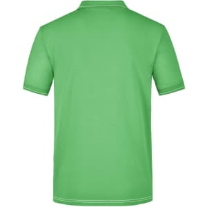 A green men's elastic polo shirt featuring a simple design and colared neckline, with a logo on the chest.