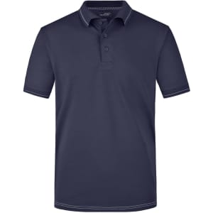 A navy men's polo shirt with a classic collar, short sleeves, and a logo on the chest.