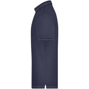 A navy men's elastic polo shirt with a collar and short sleeves, featuring a logo on the front.