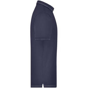 A navy blue men's elastic polo shirt with a classic collar and short sleeves, featuring a logo.