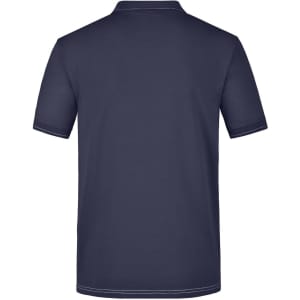 A navy blue men's elastic polo shirt with a classic design and a logo on the back.