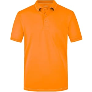 An orange men's elastic polo shirt with a collar and three-button placket, featuring a logo.