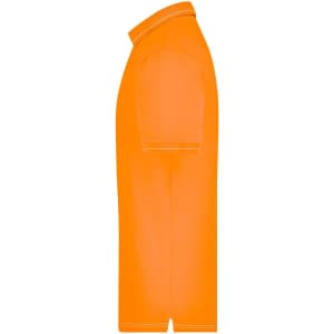 An orange men's elastic polo shirt displayed from the side, featuring a simple design and a logo.